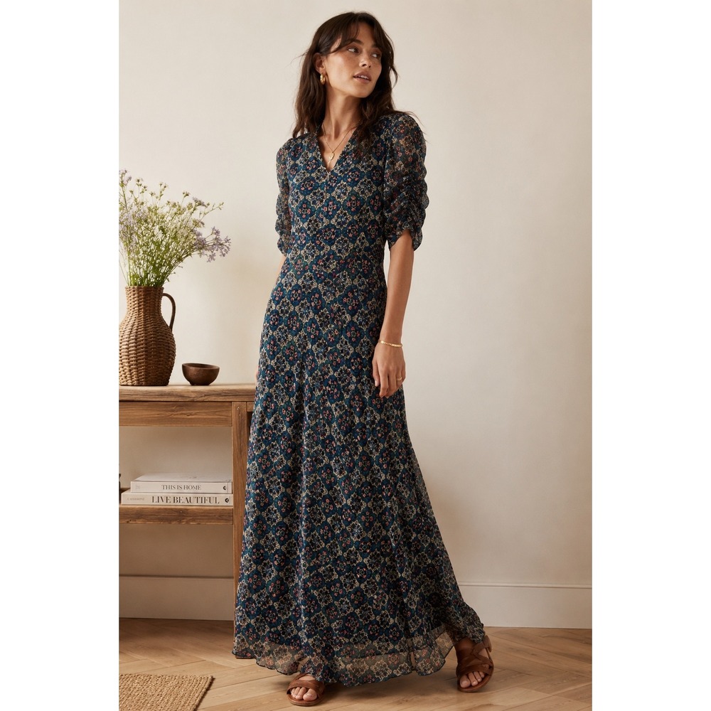 Antik Batik Malo Silk Blend Maxi Dress Teal Floral Fil Coupé Ruched M 40